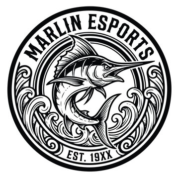 A black and white logo featuring an angry marlin with a dynamic wave design and Marlin Esports text