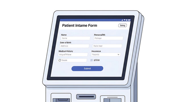A vector graphic illustration of a digital patient intake form on a tablet screen