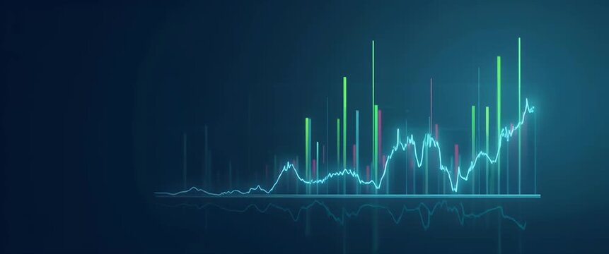 Animated financial graph fluctuates dynamically, with a slow panning camera capturing a cinematic view of rising stock trends and market analysis, offering ample space for text overlays.