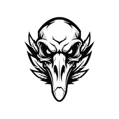 Fototapeta premium A stylized black and white vector illustration of an angry goose skull with feathers, conveying a strong esport logo design on a clean white background