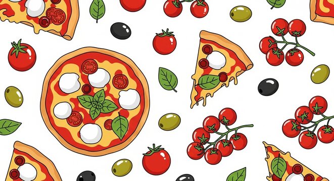 Seamless margherita pizza pattern with tomatoes, basil, and mozzarella