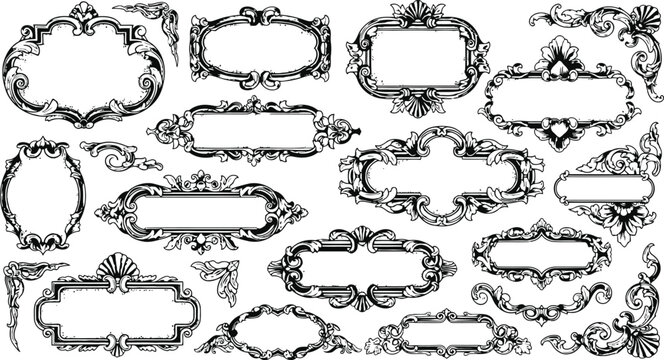 Ornate Vintage Frames and Labels Collection with Intricate Flourishes Black and White Vector Graphics