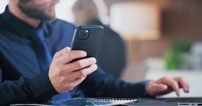 Hands, phone and businessman typing on laptop for record keeping, finance app and auditing. Flare, accountant and tech in office for financial reporting, budget review or MFA code for income tracking