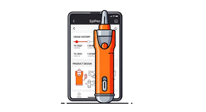 A vector graphic illustration of an EpiPen on a smartphone screen displaying usage history and product design information