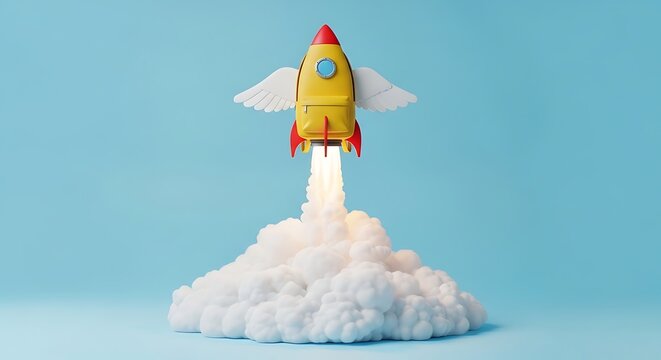 A whimsical yellow backpack shaped like a toy rocket ship taking off with wings and white smoke