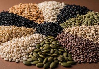 Obraz premium Assorted grains and seeds on brown surface for healthy eating