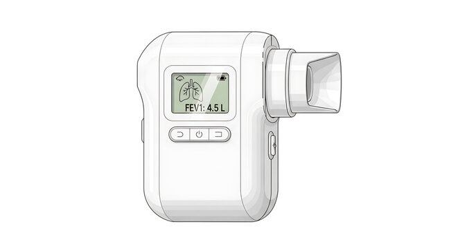 A medical professional uses a handheld spirometer to measure lung function in a clinical setting.