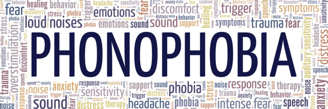Fear Of Sound: Phonophobia word cloud conceptual design isolated on white background.