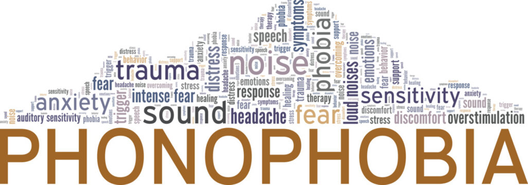 Fear Of Sound: Phonophobia word cloud conceptual design isolated on white background.