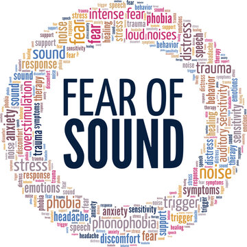 Fear Of Sound: Phonophobia word cloud conceptual design isolated on white background.