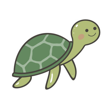Adorable cute cartoon green turtle smiling with rosy cheeks, sea animal character vector
