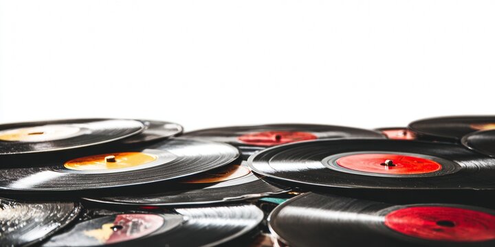 An extensive collection of vinyl records, representing various genres and music eras, with their vibrant record covers and labels clearly visible.