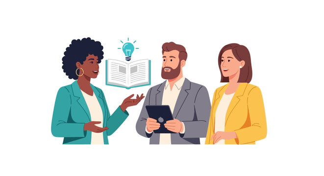 Diverse Business Professionals Collaborating, Sharing Ideas, and Learning with Knowledge and Technology Icons. Teamwork, Brainstorming, and Education Concept Illustration.