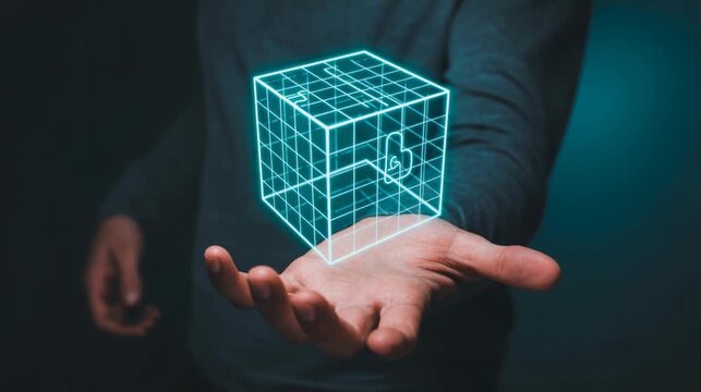 Human palm under floating blockchain cube glowing neon cyan 