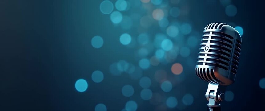 Vintage microphone subtly sways as the camera gently pans, creating a cinematic atmosphere with bokeh lights softly flickering in the background, perfect for a podcast or music scene.