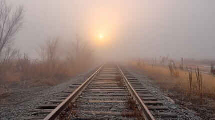Fototapeta premium Serene Sunrise Over Foggy Railway Tracks with Lush Grass and Trees Surrounding the Scene