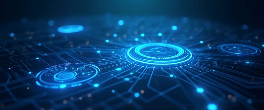 Futuristic circuit board with glowing blue lights gently pulsates, while the camera slowly pans across a high-tech, digital landscape; cinematic, innovative, and technology-focused.