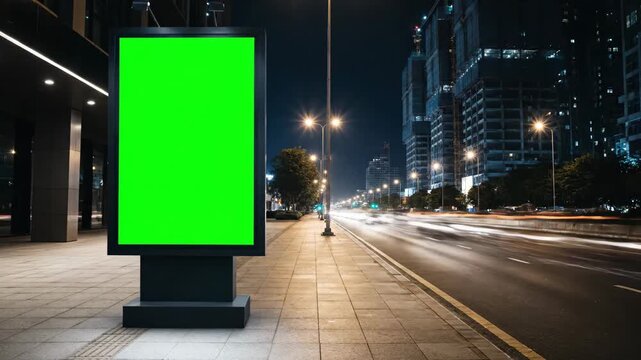Blank green screen billboard on urban sidewalk at night with cityscape and moving car lights