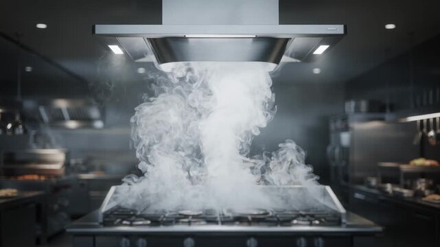 Lowprofile ventilation system centered in frame venting dense cooking smoke upwards while surrounding smoky grills and kitchen details fade into the background.