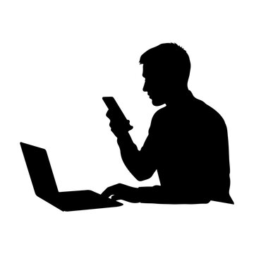 Man's silhouette using laptop and smartphone, flat design vector illustration