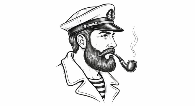 Black and white drawing of a bearded sailor smoking a pipe, wearing a hat and striped shirt