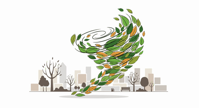Abstract representation of a whirlwind of leaves over a cityscape