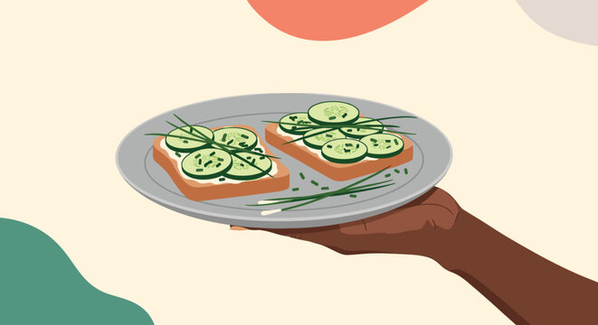 Close up of a person holding a plate with two slices of healthy cucumber toast topped with chives and cream cheese.
