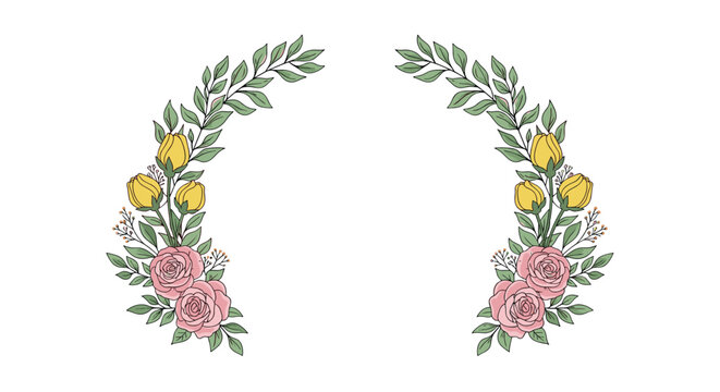 Beautiful symmetrical floral border featuring two curving branches with pink roses, yellow rosebuds, and green leaves.