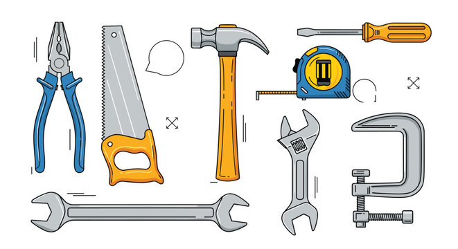 Selection of common hand tools like a hammer, saw, pliers, and screwdriver for home improvement and construction projects.