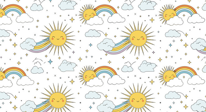 Seamless nursery pattern with happy smiling sun characters, rainbows, clouds, and stars for children room and baby textile.