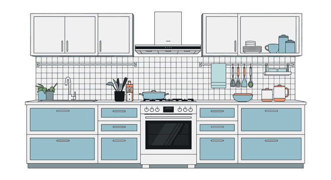 Modern kitchen interior illustration featuring light blue cabinets, white tile backsplash, and various cooking utensils.