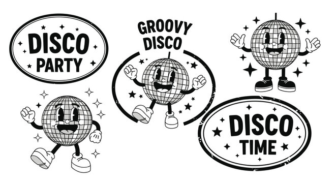 Set of retro groovy disco ball characters in various poses with different party slogans for events and digital stickers.