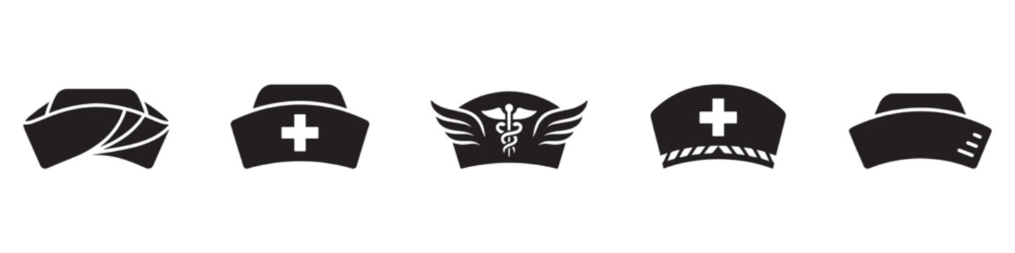 Nurse hat silhouettes icons. Nurse hat and medical cap icons set. Vector black solid icons of healthcare headwear for nursing and hospital staff. Vector Illustration.
