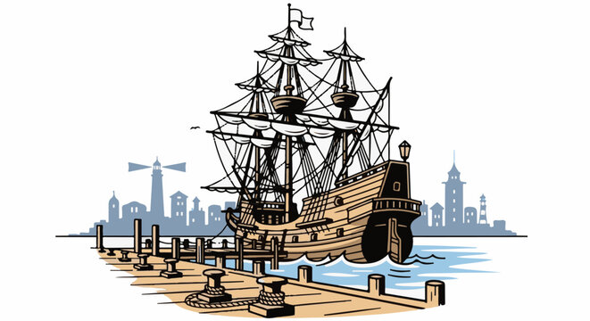 An old sailing ship docked at a pier with a city skyline and lighthouse in background