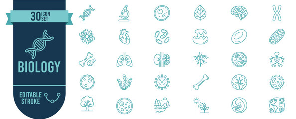 Biology and Science Icon Set with 30 Editable Stroke Vector Icons for DNA, Anatomy and Nature Studies © Salam Studio