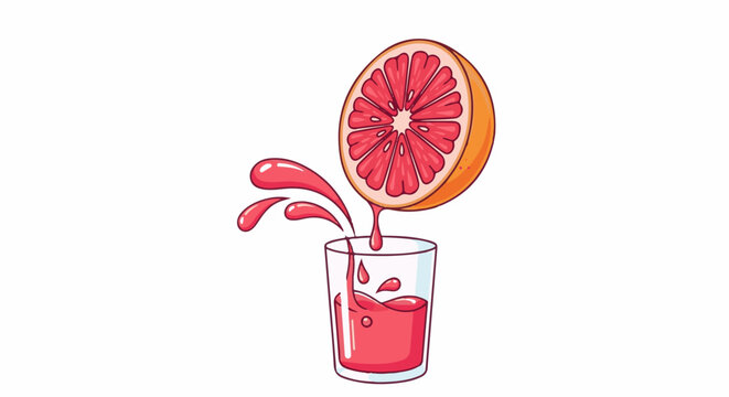 A vibrant grapefruit half drips its juicy pink liquid into a clear glass