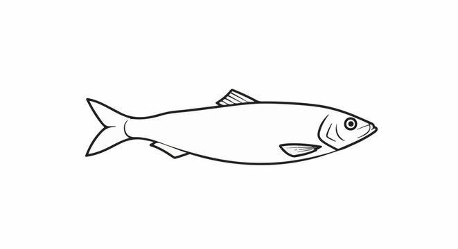 Black and white line drawing of a single fish with fins and a forked tail
