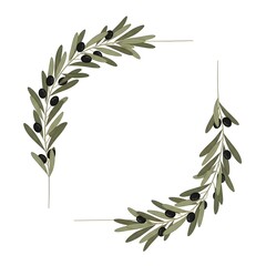 Obraz premium Minimalist botanical design featuring two graceful olive branches adorned with luscious black olives, arranged as a sophisticated frame element, ideal for invitations and labels