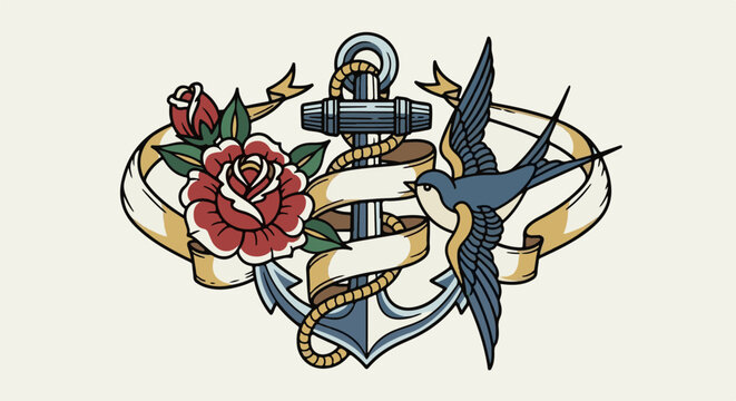 Anchor with a rose, banner, and swallow in classic tattoo style