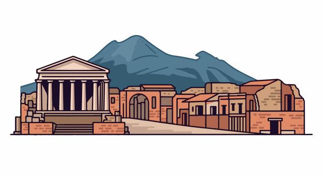 Ancient ruins with columns and archways against a blue mountain backdrop