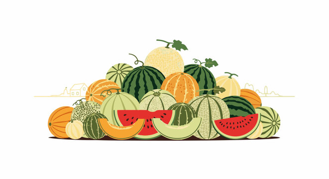 Abundant pile of various melons, watermelons, and cantaloupes with cartoonish farmhouse