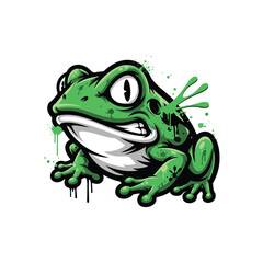 Obraz premium A vibrant green cartoon frog with an angry expression and logo design elements sits on a clean white background with green splatters