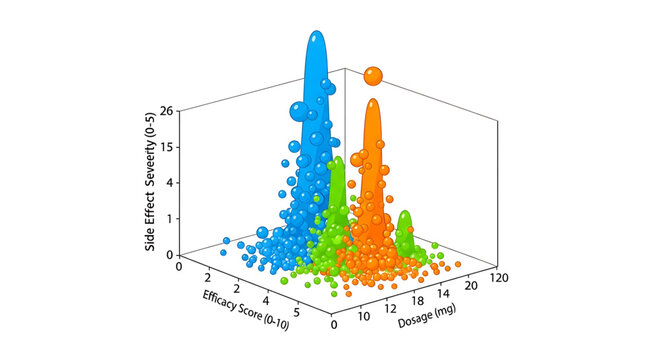 A 3D scatter plot graph illustrating side effect severity, efficacy score, and dosage in a medical research context
