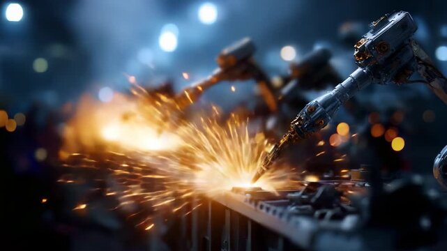 Advanced robotic arms in a dynamic manufacturing environment spark innovation and efficiency with high-precision welding techniques, creating a modern assembly line spectacle.