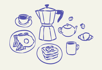 Plakat Hand draw breakfast or brunch doodles. Vector sketch illustrations of food, tea and coffee icons in ink drawing style. Minimalist line art. Illustration for invitations, menus design, poster placard.