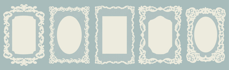 Fototapeta na wymiar Vintage retro lace frame collection. Whimsical rectangular elegant lace doilies in crochet style with floral decorative borders. Whimsical silhouettes, squiggle shapes for wedding invitation cards.