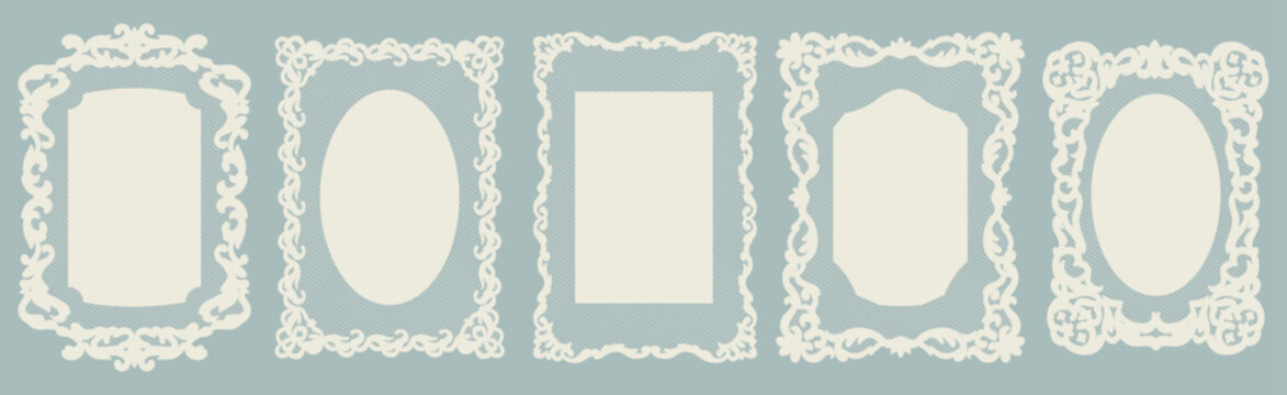 Vintage retro lace frame collection. Whimsical rectangular elegant lace doilies in crochet style with floral decorative borders. Whimsical silhouettes, squiggle shapes for wedding invitation cards.