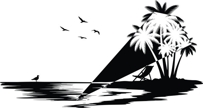Black and white tropical beach silhouette illustration featuring palm trees, birds, beach chair, and serene coastal scenery with artistic contrast for design, travel, and relaxation themes