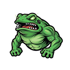 Obraz premium A muscular cartoon frog with an angry expression and sharp teeth, depicted in a green color scheme, showcasing a logo design on a white background