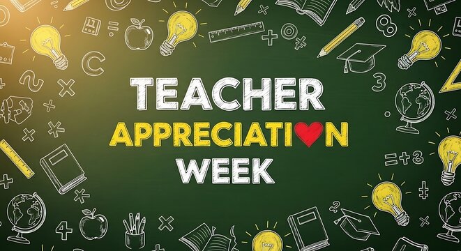Teacher appreciation week with school supplies on chalkboard